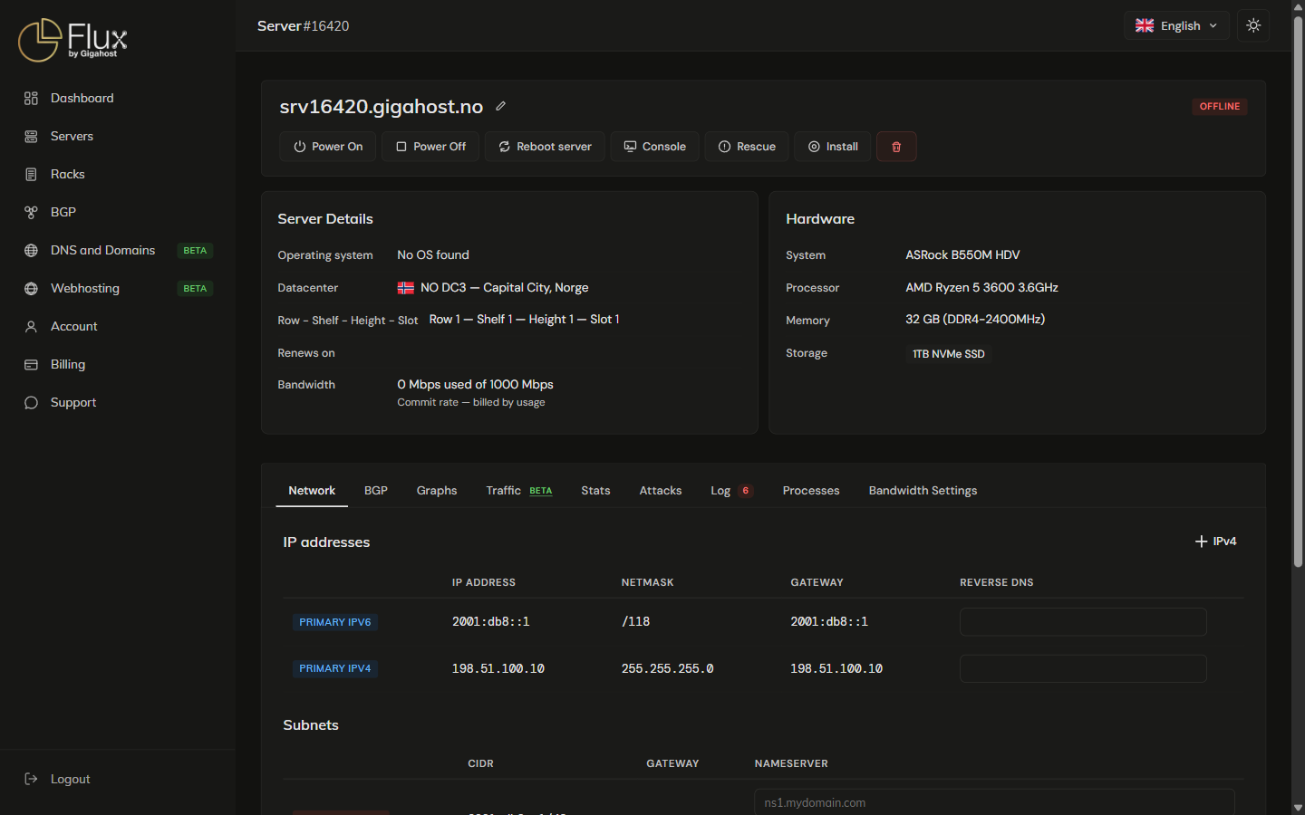 Top of the server detail page