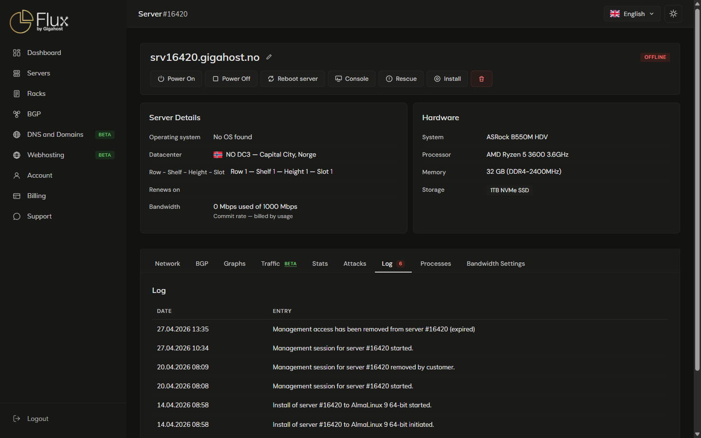 Log tab with example entries