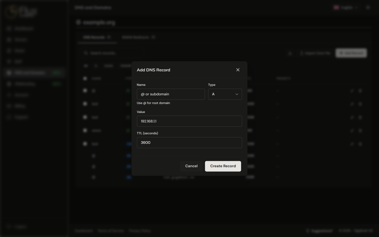 Add DNS Record dialog