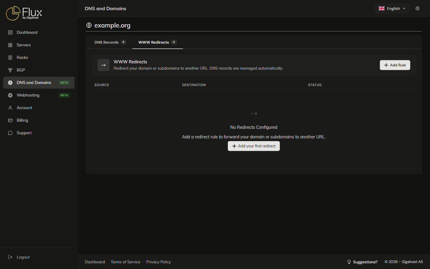 Zone WWW Redirects tab