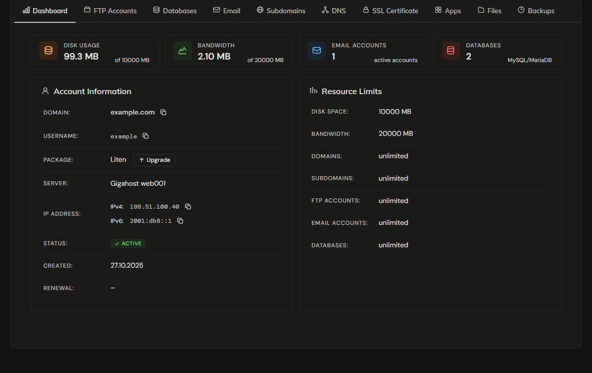Webhosting sub-navigation
