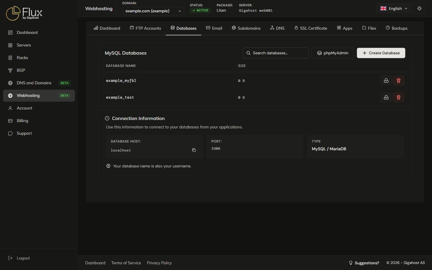Databases tab