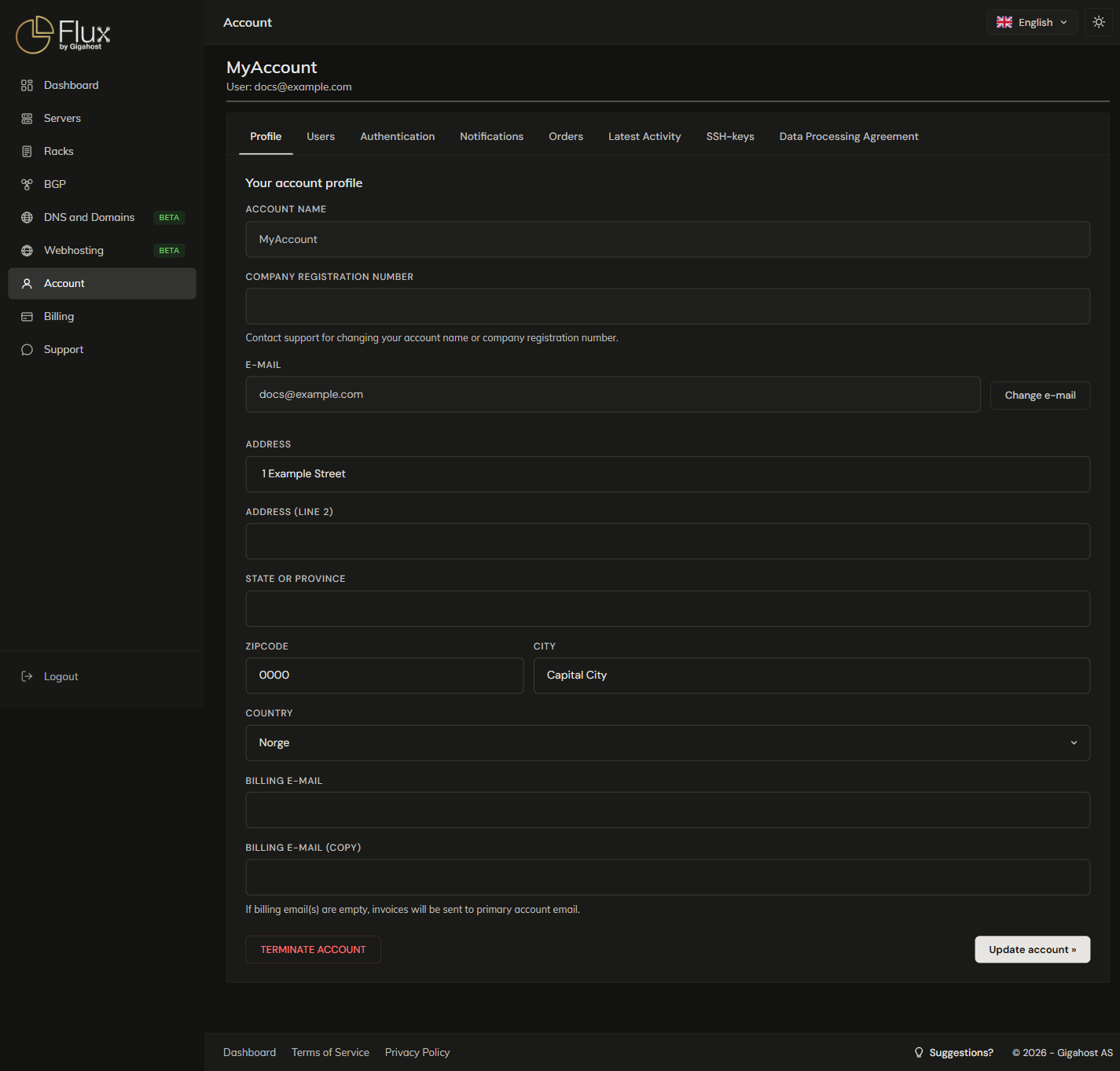 Account section, Profile tab