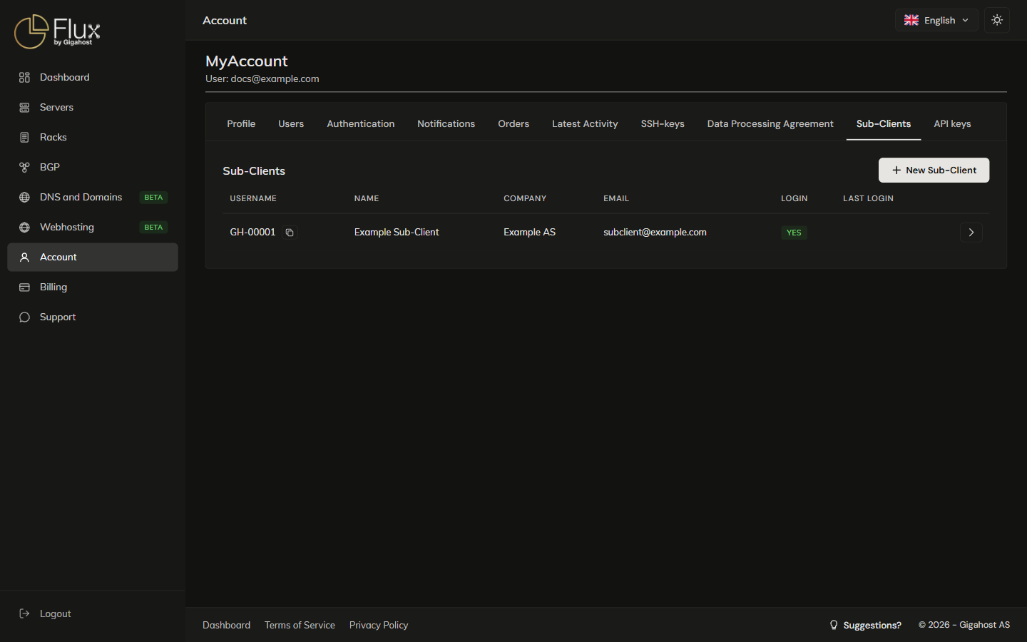 Sub-Clients tab populated with one sub-client