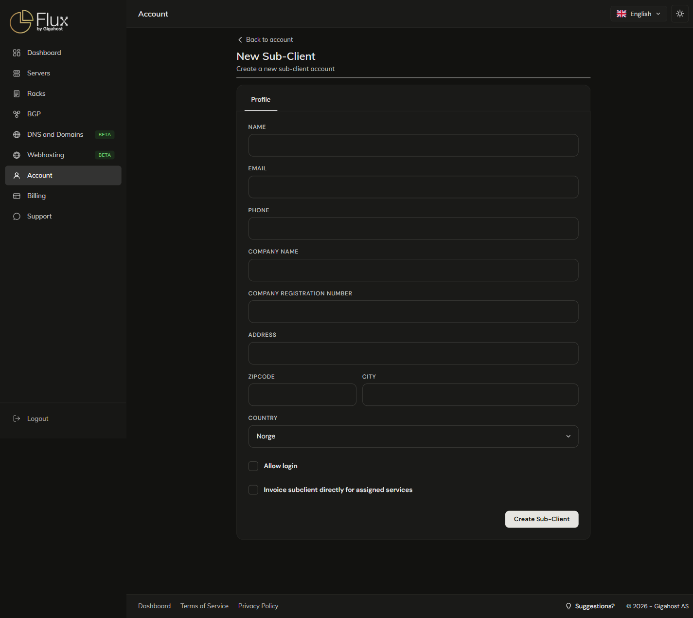 New Sub-Client form (collapsed)