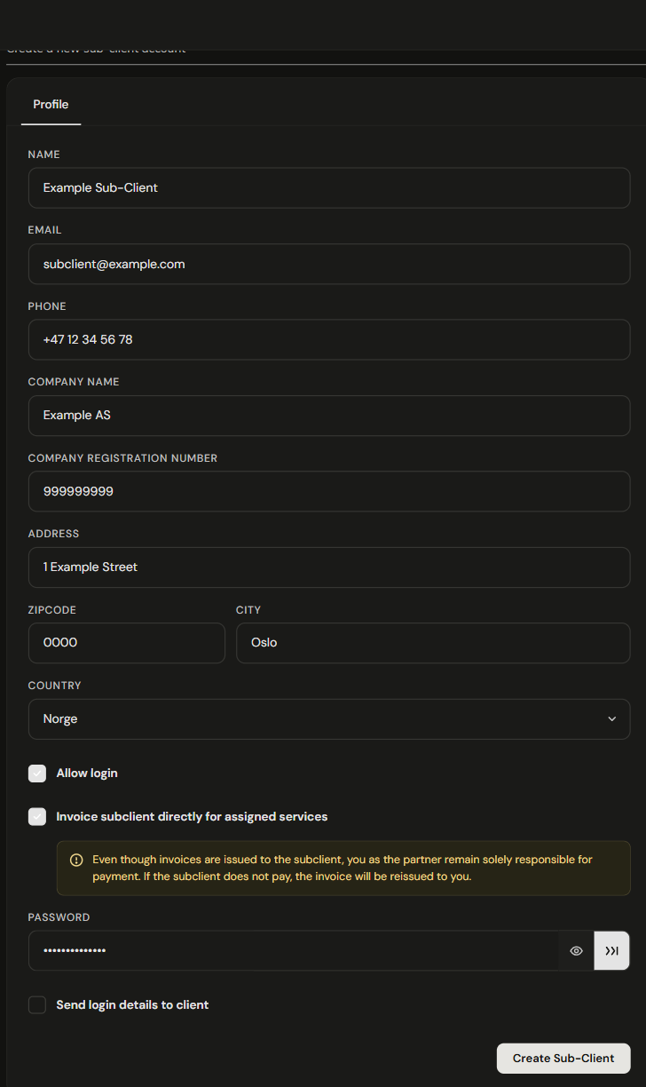 New Sub-Client form with Allow login enabled