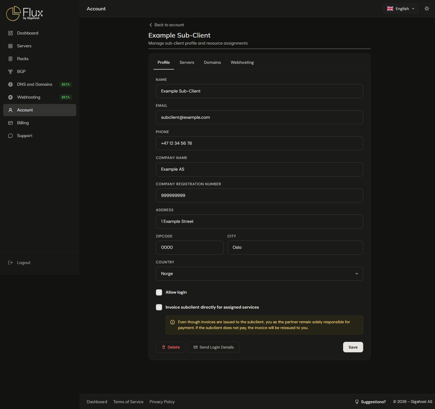 Sub-client detail page, Profile tab