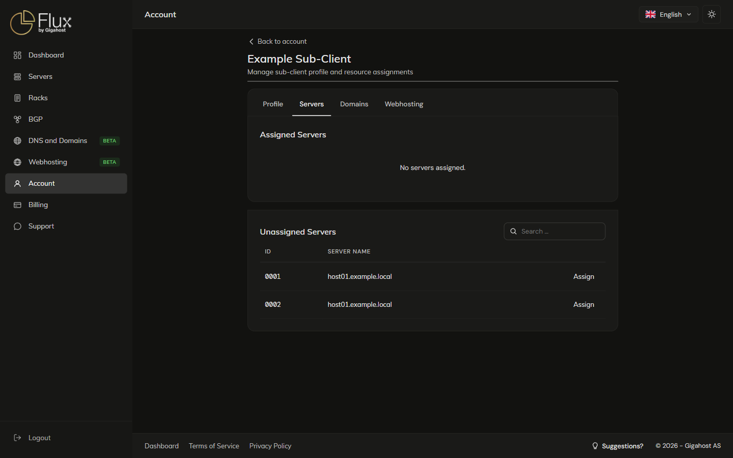 Sub-client Servers tab - assign or remove server access