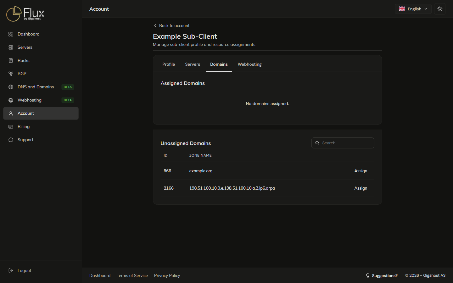 Sub-client Domains tab