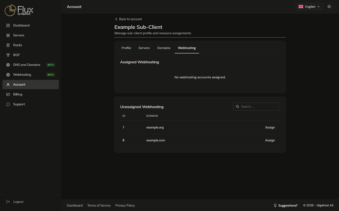 Sub-client Webhosting tab
