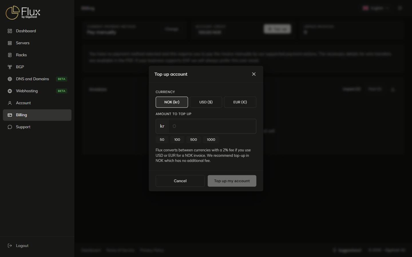 Top up account dialog