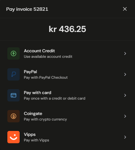 Pay invoice dialog with the payment options