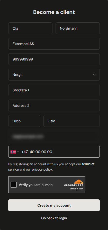 Registration form filled in