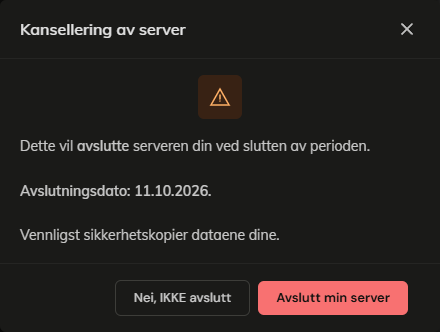 Dialogen Kansellering av server med avslutningsdatoen