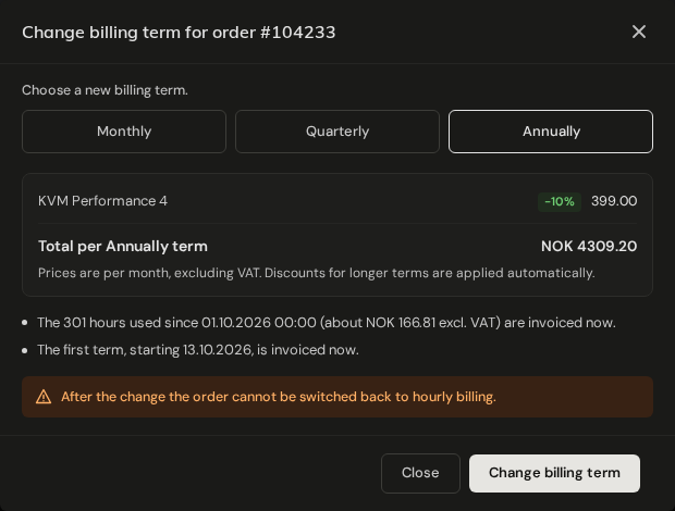 Change billing term dialog with a term selected