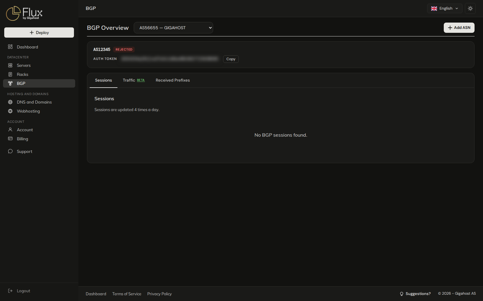 BGP overview with the Add ASN button