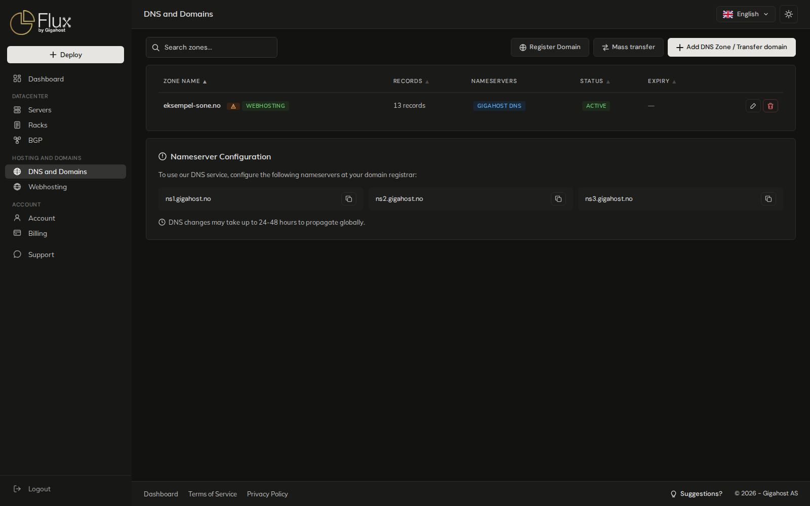 DNS and Domains page with the zone list and toolbar