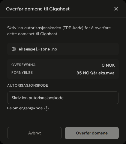 Dialogen Overfør domene til Gigahost for et .no-domene
