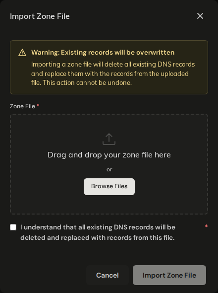 Import Zone File dialog with the overwrite warning