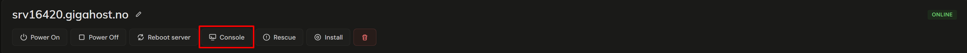 Server action bar with the Console button highlighted