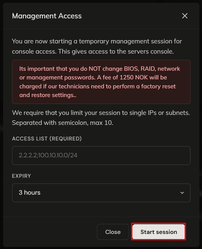 Management Access dialog with Access List, Expiry fields and Start session button