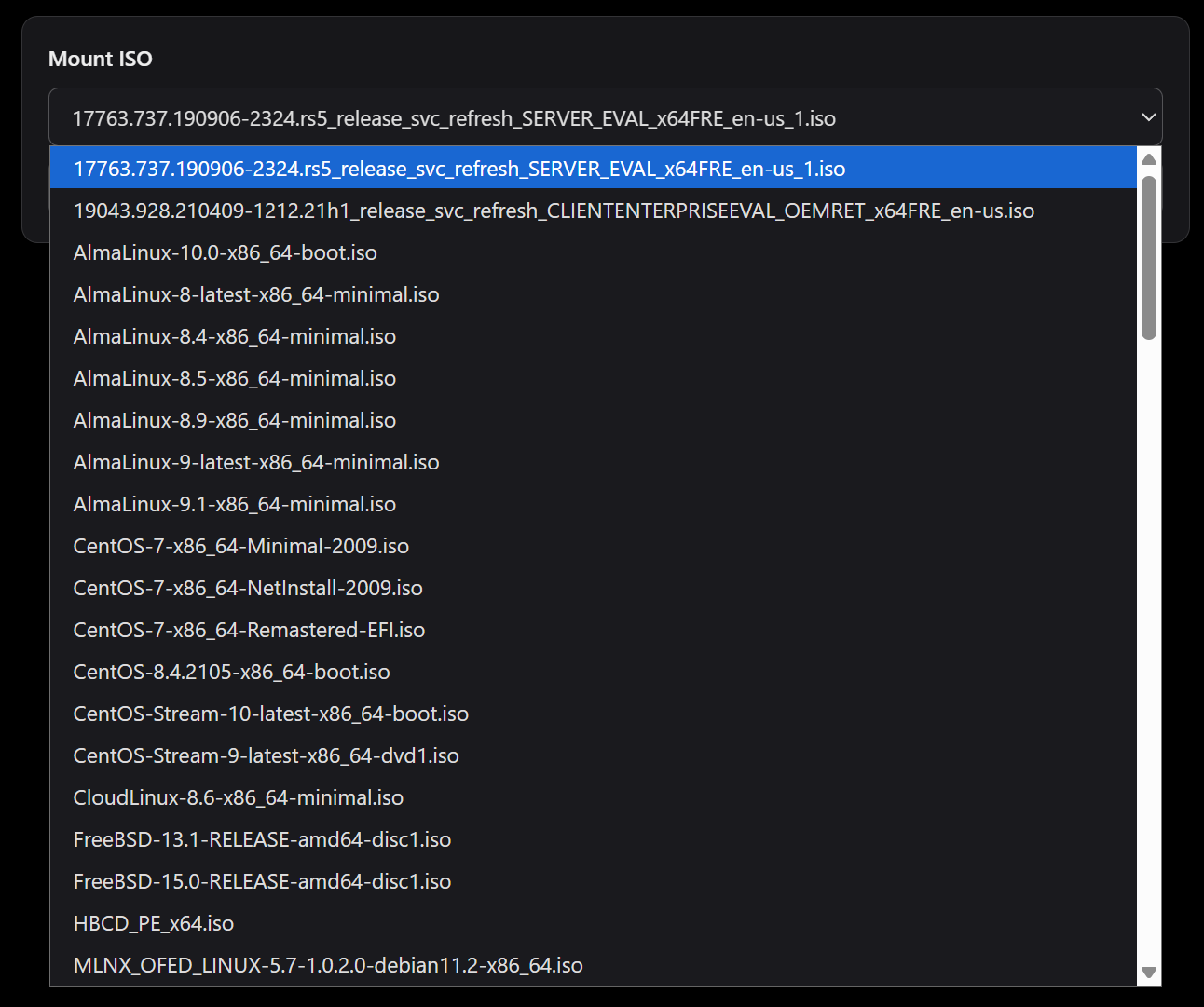 Mount ISO dropdown showing available ISO images