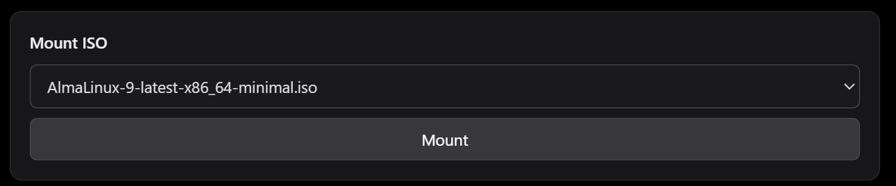 Mount ISO dialog with an ISO selected and the Mount button